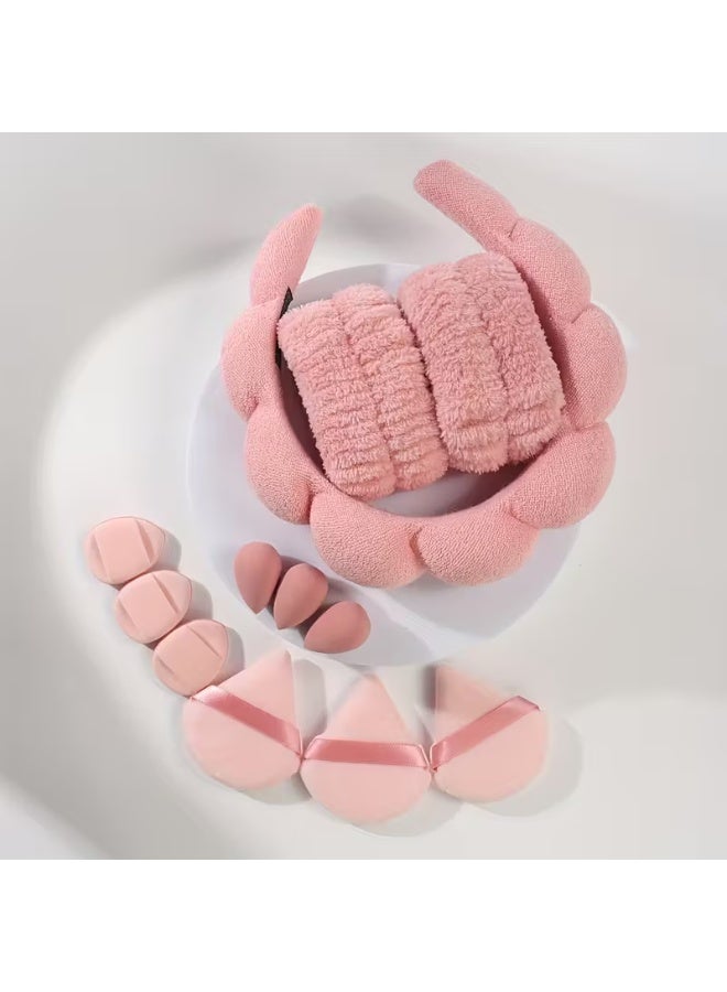 Women Sponge Hair Band, Puffy Headband for Skincare, with 9 Makeup Sponges for Foundation and Powder - Image 1